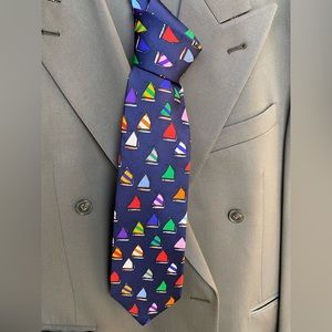 alynn designer silk tie. Navy with colorful sailboats. Artist design, USA